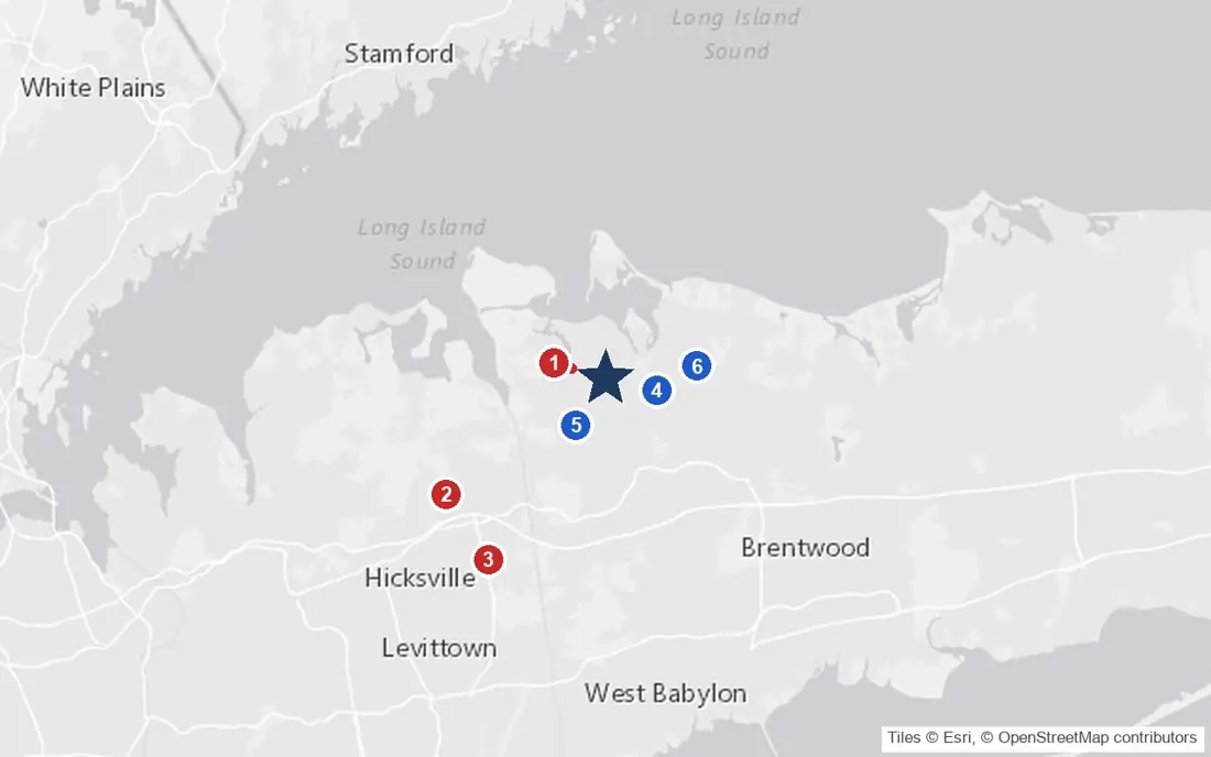 Area map of Maryville Assisted Living with the nearest hospitals and LIRR stations