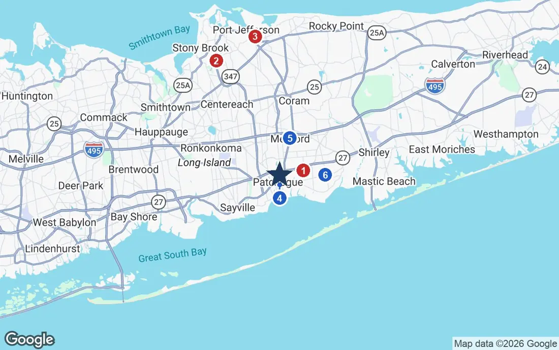 Area map of McPeak's Assisted Living with the nearest hospitals and LIRR stations