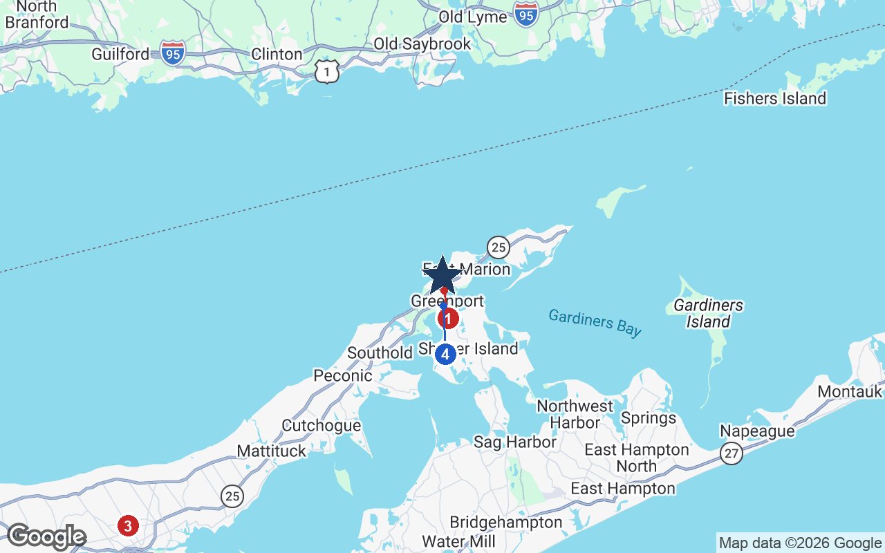 Area map of Peconic Landing with the nearest hospitals and LIRR stations