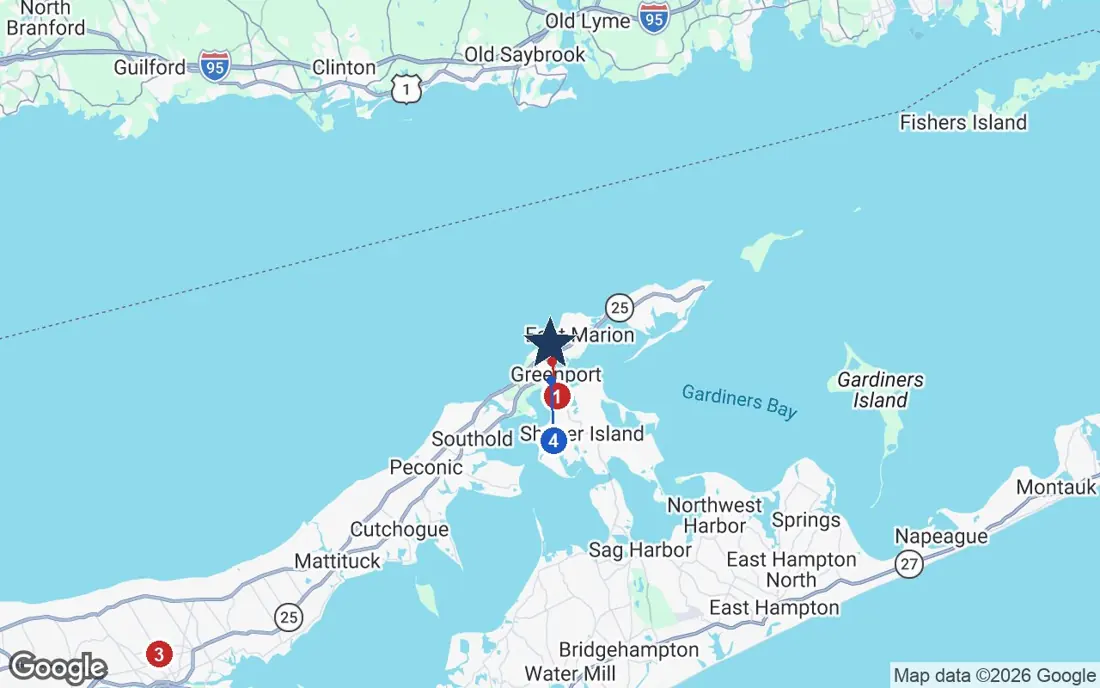 Area map of Peconic Landing with the nearest hospitals and LIRR stations