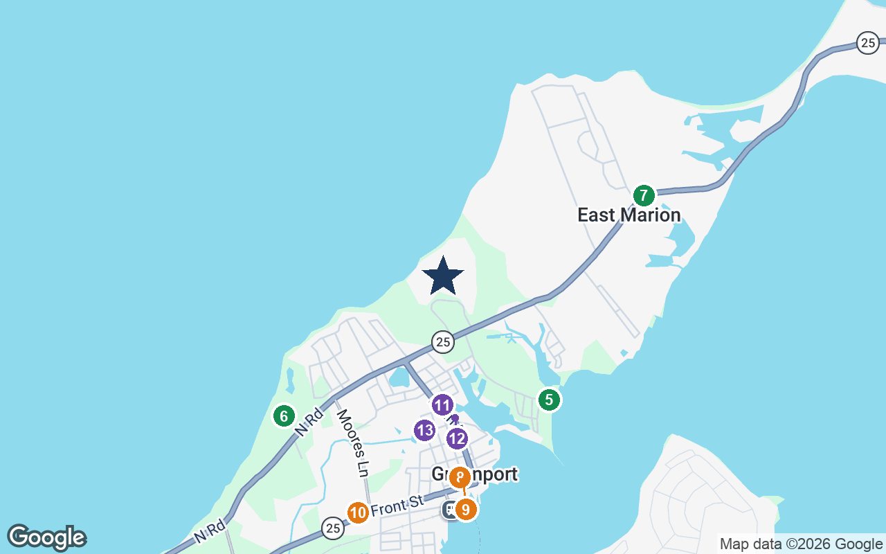 Close-up map of Peconic Landing with nearby parks, shops, pharmacies and places of worship