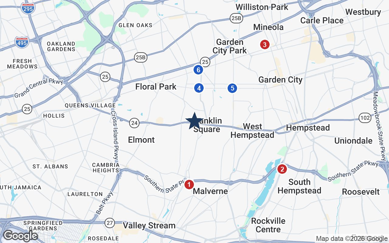 Area map of Plattdeutsche Senior Living with the nearest hospitals and LIRR stations