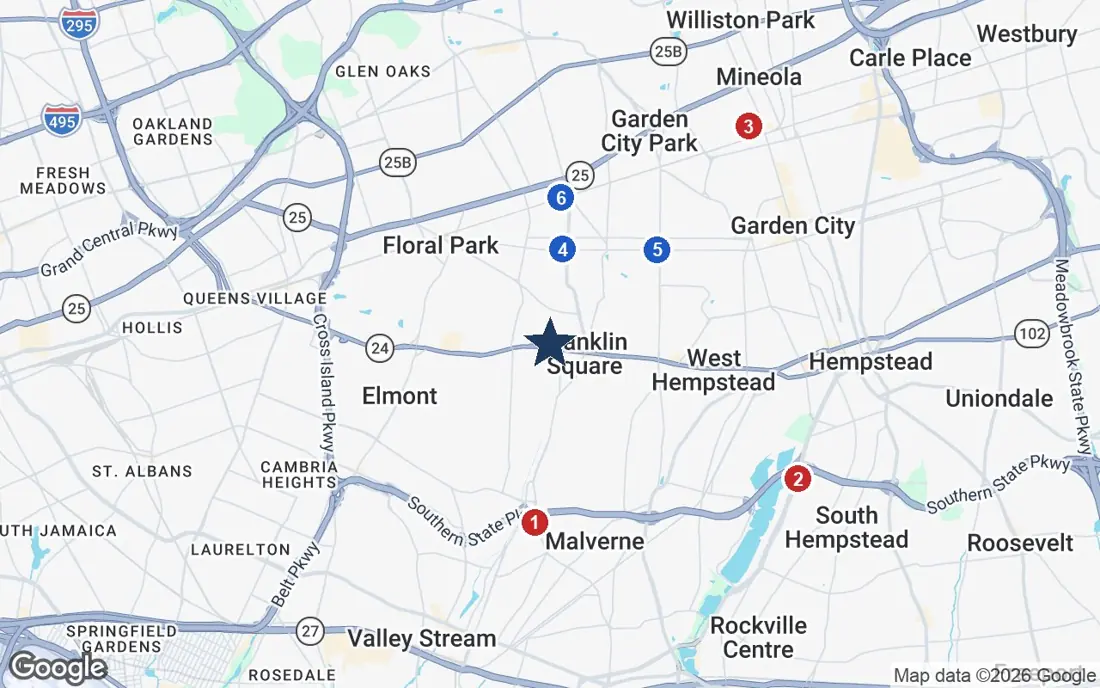 Area map of Plattdeutsche Senior Living with the nearest hospitals and LIRR stations