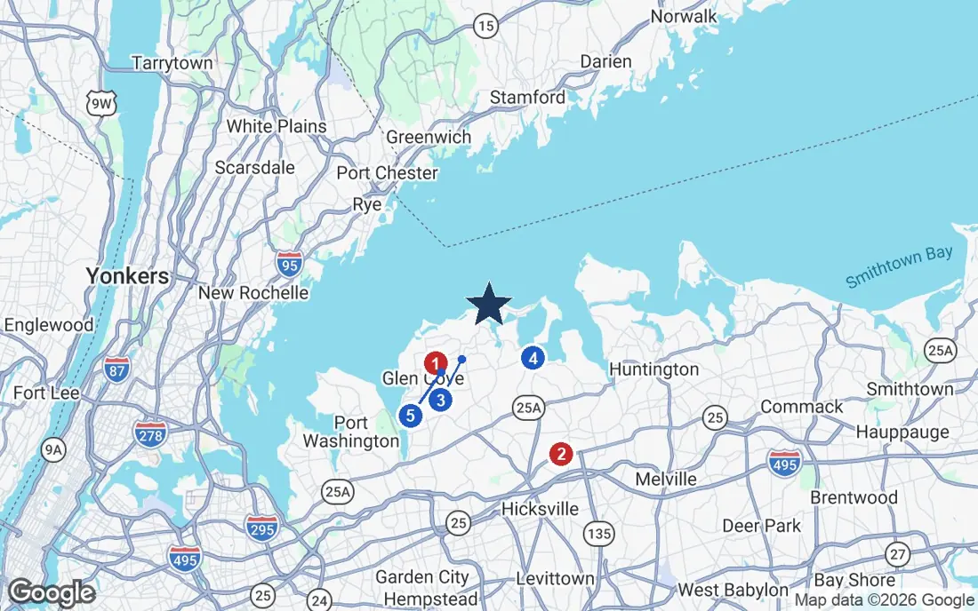 Area map of Rosewood on the Sound with the nearest hospitals and LIRR stations
