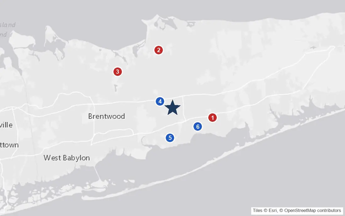 Area map of Sachem Adult Home with the nearest hospitals and LIRR stations