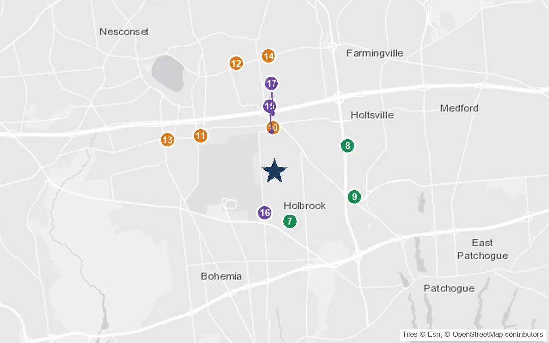 Close-up map of Sachem Adult Home with nearby parks, shops, pharmacies and places of worship