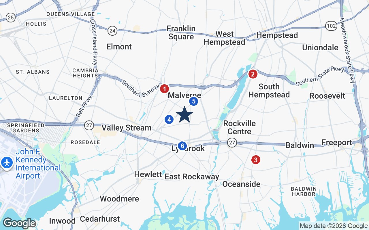 Area map of Sunrise at North Lynbrook with the nearest hospitals and LIRR stations