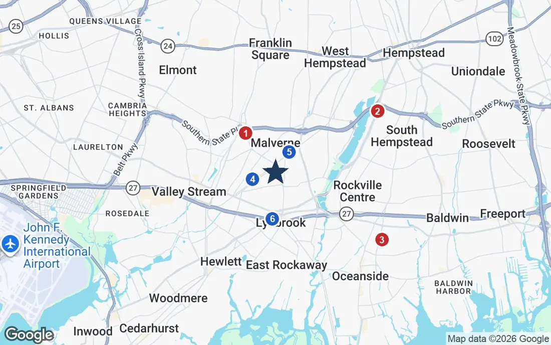 Area map of Sunrise at North Lynbrook with the nearest hospitals and LIRR stations
