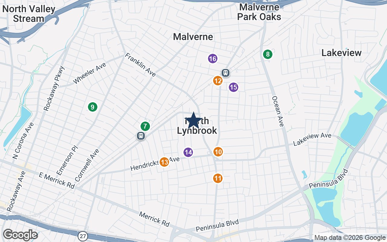 Close-up map of Sunrise at North Lynbrook with nearby parks, shops, pharmacies and places of worship