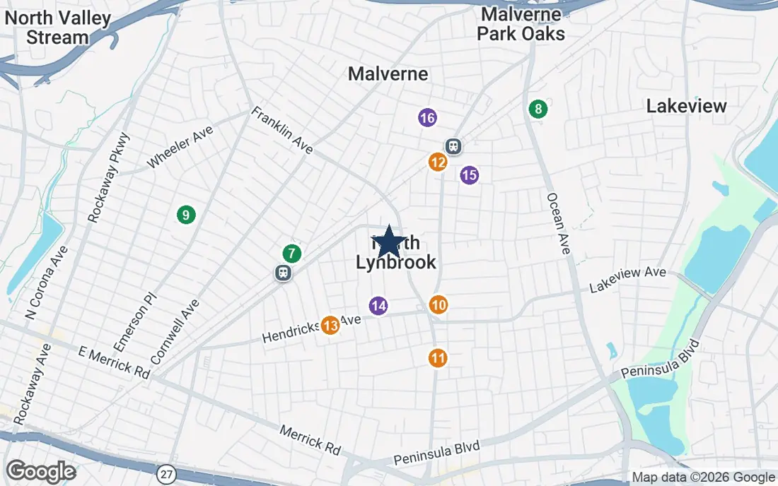 Close-up map of Sunrise at North Lynbrook with nearby parks, shops, pharmacies and places of worship
