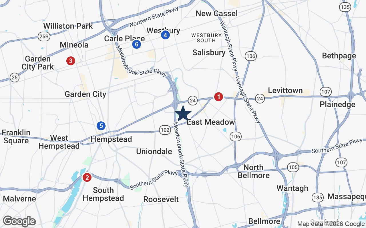 Area map of Sunrise of East Meadow with the nearest hospitals and LIRR stations