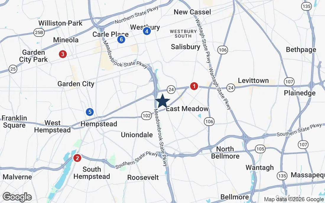 Area map of Sunrise of East Meadow with the nearest hospitals and LIRR stations
