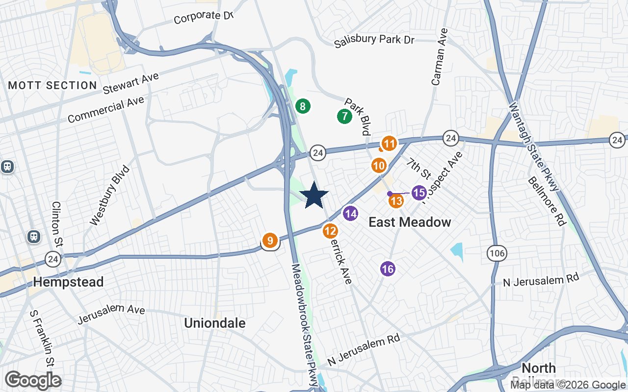 Close-up map of Sunrise of East Meadow with nearby parks, shops, pharmacies and places of worship