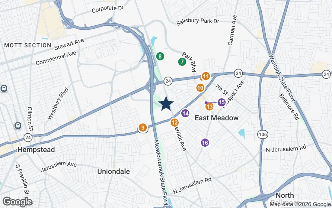 Close-up map of Sunrise of East Meadow with nearby parks, shops, pharmacies and places of worship