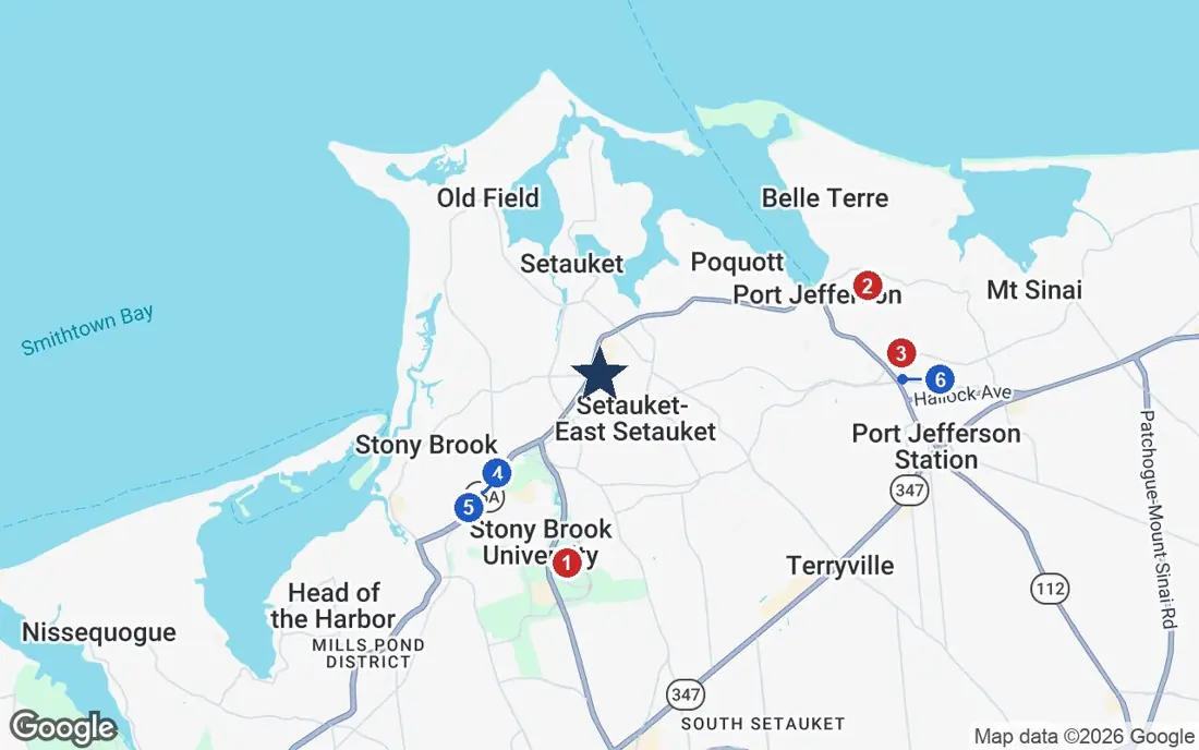 Area map of Sunrise of East Setauket with the nearest hospitals and LIRR stations
