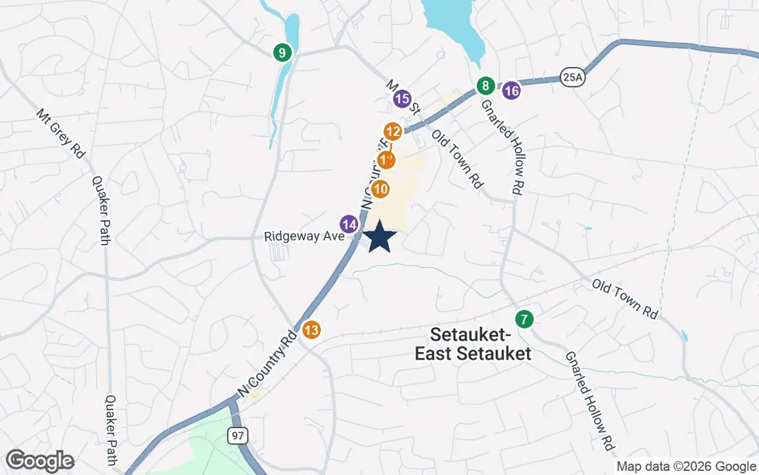 Close-up map of Sunrise of East Setauket with nearby parks, shops, pharmacies and places of worship