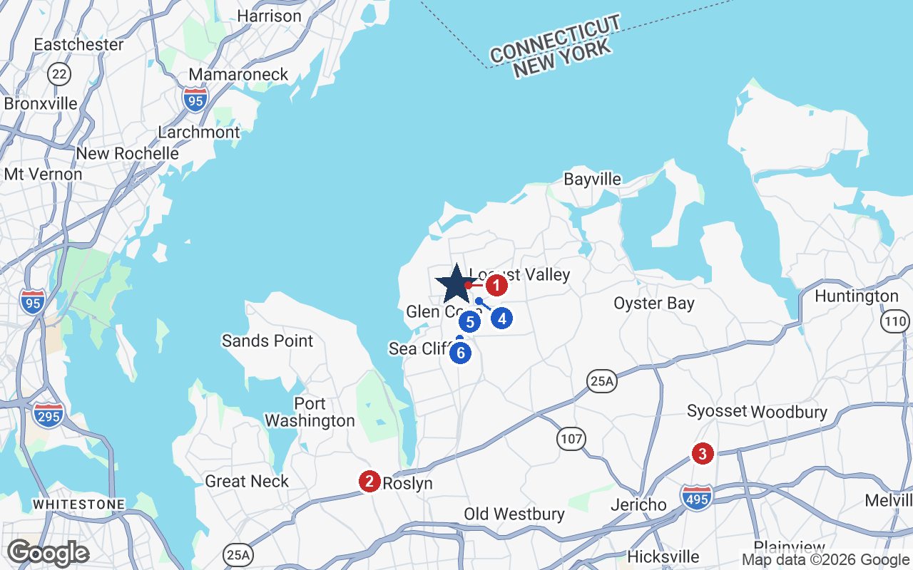 Area map of Sunrise of Glen Cove with the nearest hospitals and LIRR stations