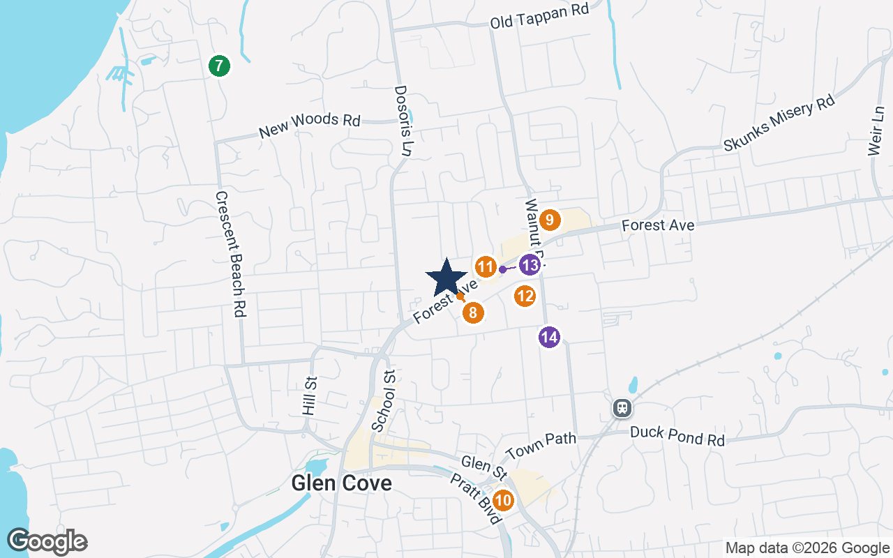 Close-up map of Sunrise of Glen Cove with nearby parks, shops, pharmacies and places of worship