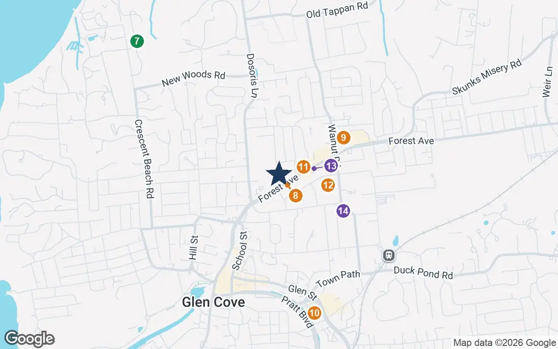 Close-up map of Sunrise of Glen Cove with nearby parks, shops, pharmacies and places of worship