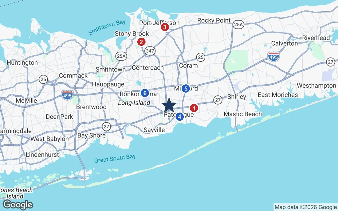 Area map of Sunrise of Holbrook with the nearest hospitals and LIRR stations