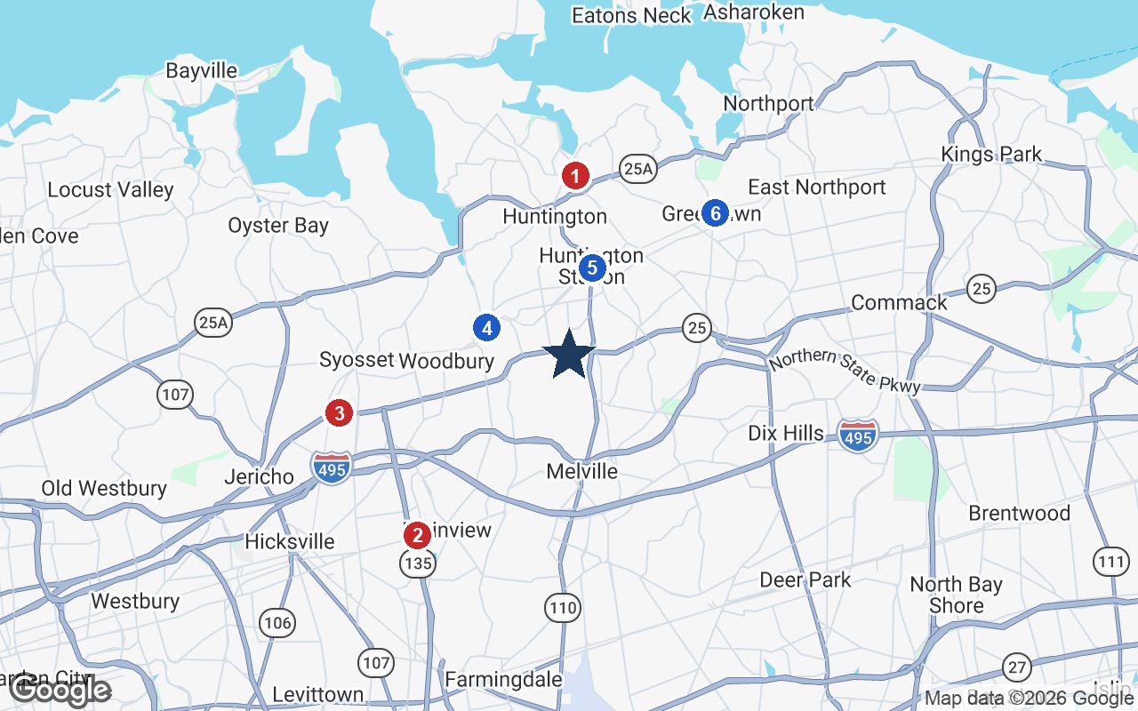 Area map of Sunrise of Huntington with the nearest hospitals and LIRR stations