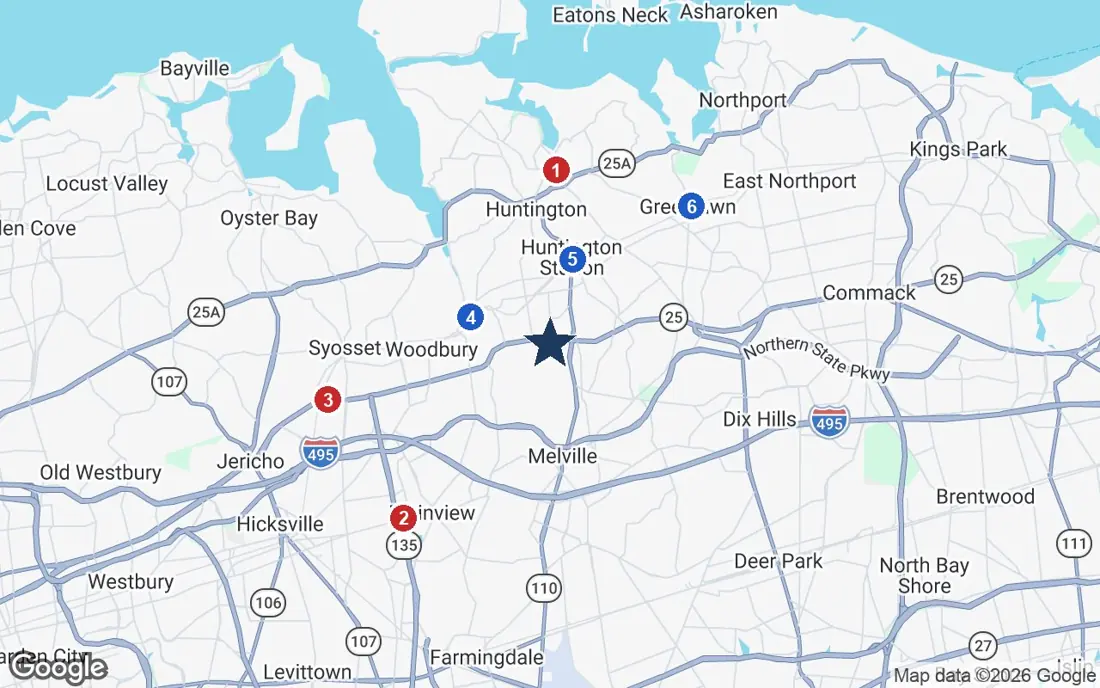 Area map of Sunrise of Huntington with the nearest hospitals and LIRR stations