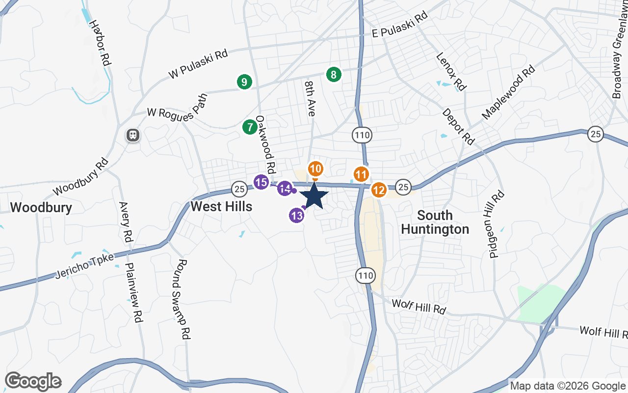 Close-up map of Sunrise of Huntington with nearby parks, shops, pharmacies and places of worship