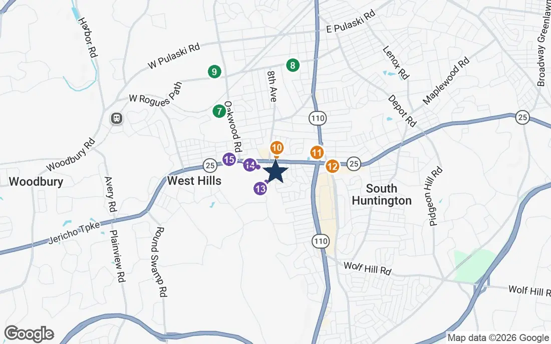 Close-up map of Sunrise of Huntington with nearby parks, shops, pharmacies and places of worship