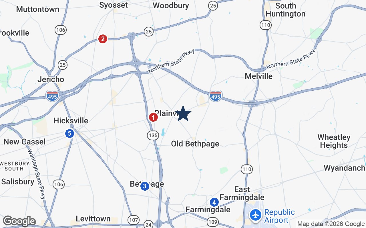 Area map of Sunrise of Plainview with the nearest hospitals and LIRR stations
