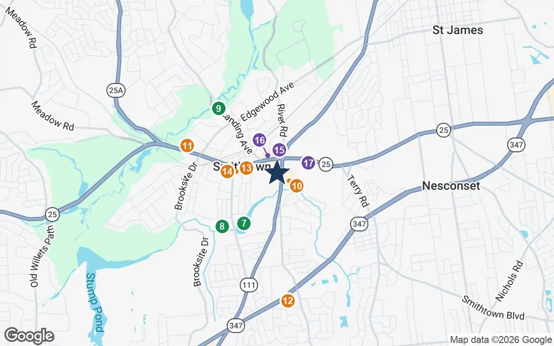Close-up map of Sunrise of Smithtown with nearby parks, shops, pharmacies and places of worship