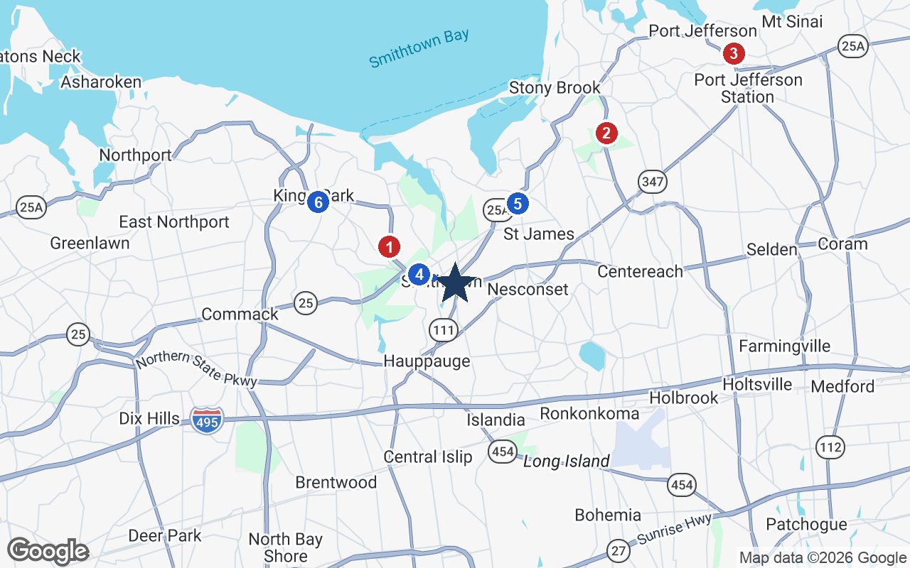 Area map of Sunrise of Smithtown - Reminiscence with the nearest hospitals and LIRR stations