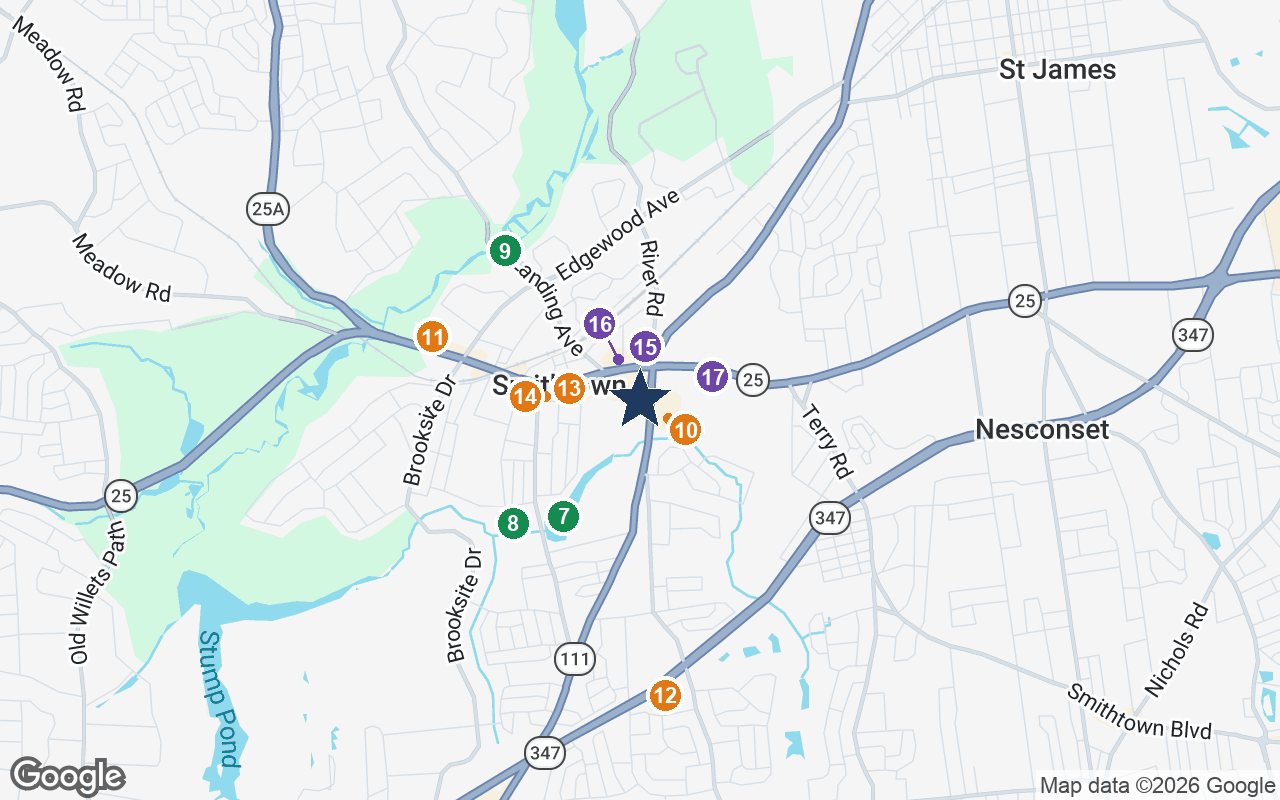 Close-up map of Sunrise of Smithtown - Reminiscence with nearby parks, shops, pharmacies and places of worship