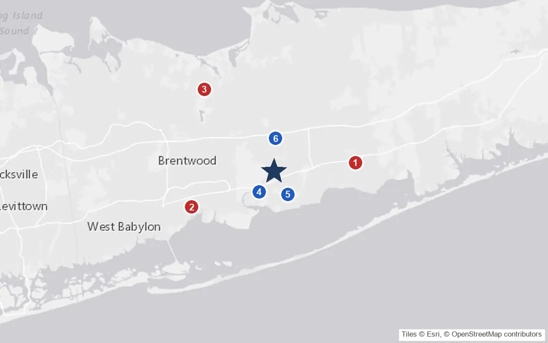 Area map of The Arbors at Bohemia with the nearest hospitals and LIRR stations