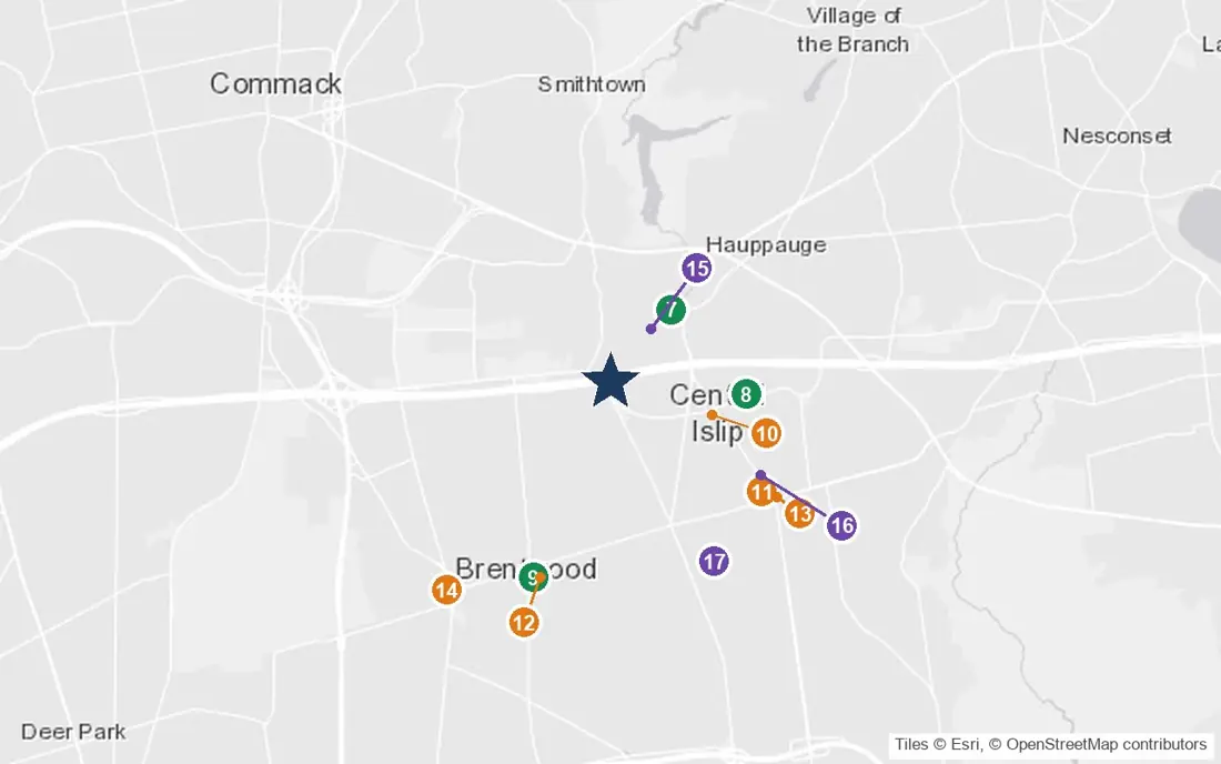 Close-up map of The Arbors at Hauppauge with nearby parks, shops, pharmacies and places of worship