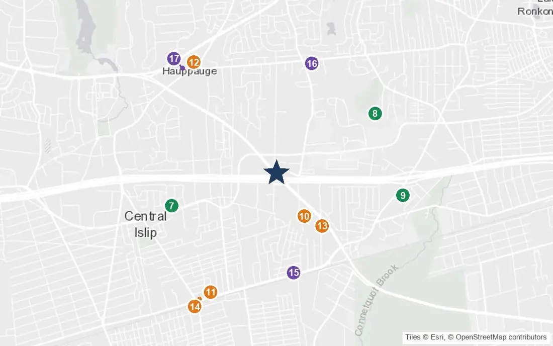 Close-up map of The Arbors at Islandia West with nearby parks, shops, pharmacies and places of worship