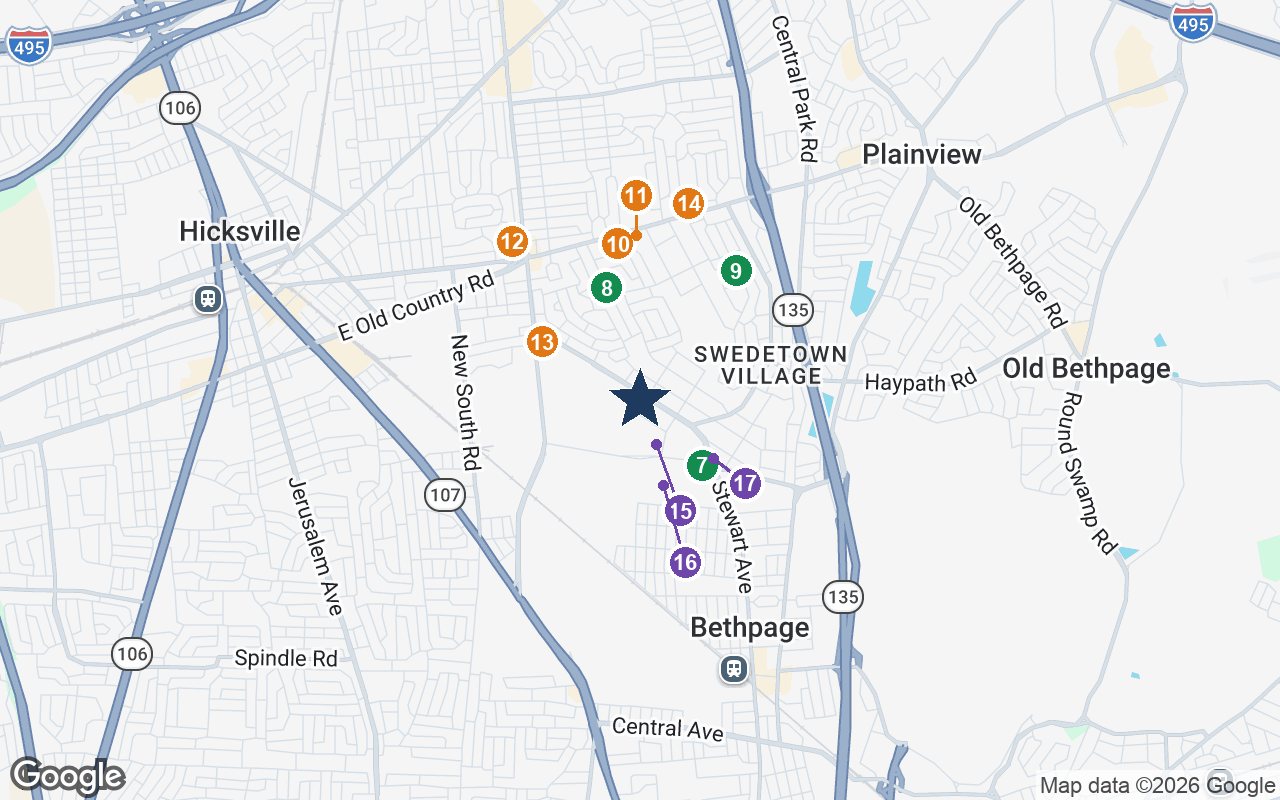 Close-up map of The Bristal at Bethpage with nearby parks, shops, pharmacies and places of worship
