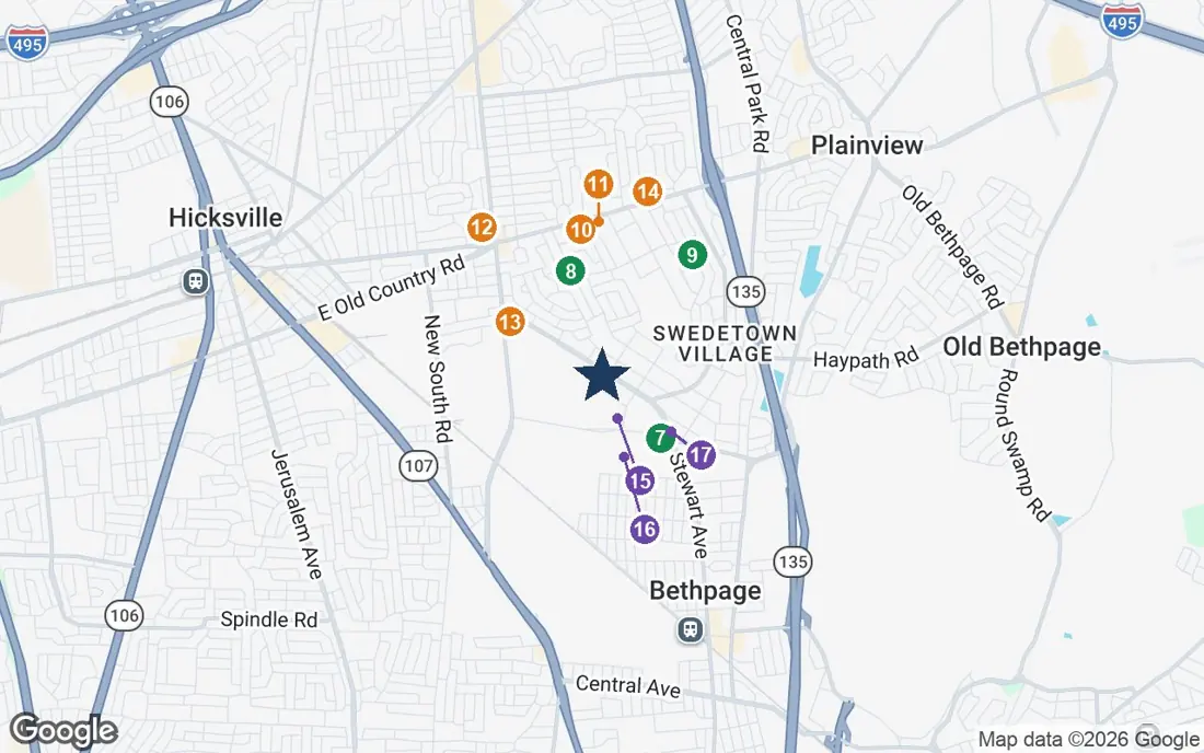 Close-up map of The Bristal at Bethpage with nearby parks, shops, pharmacies and places of worship