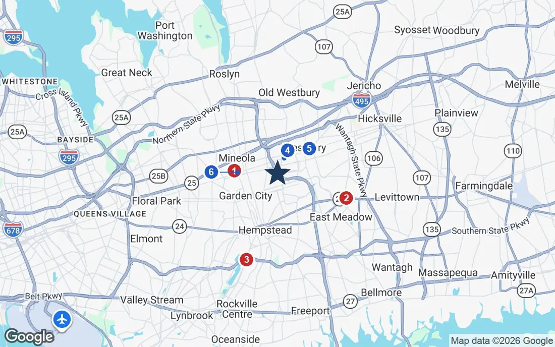 Area map of The Bristal at Garden City with the nearest hospitals and LIRR stations
