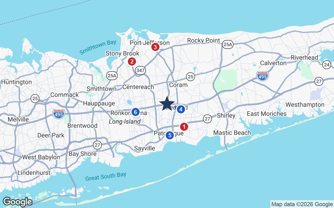 Area map of The Bristal at Holtsville with the nearest hospitals and LIRR stations