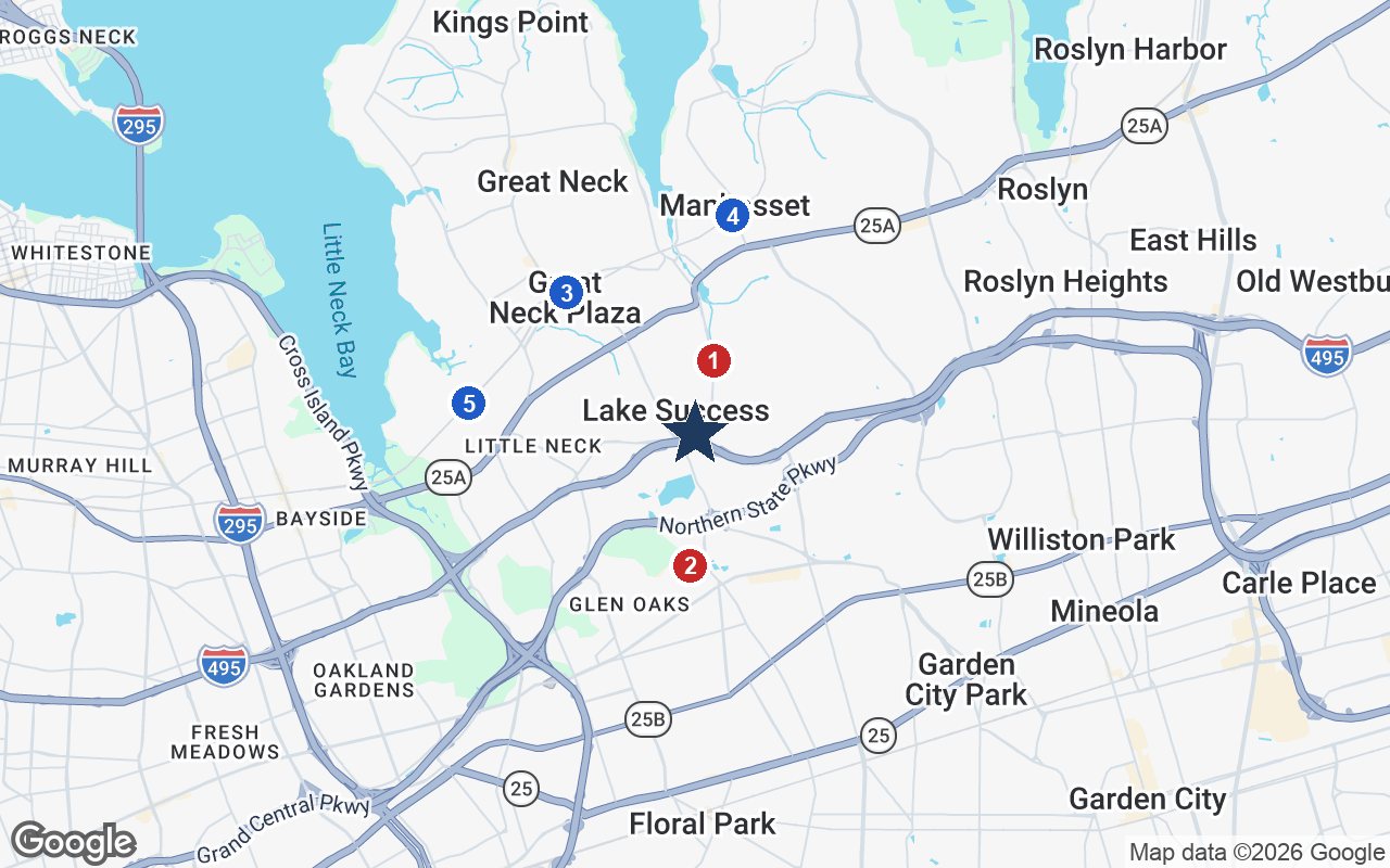 Area map of The Bristal at Lake Success with the nearest hospitals and LIRR stations