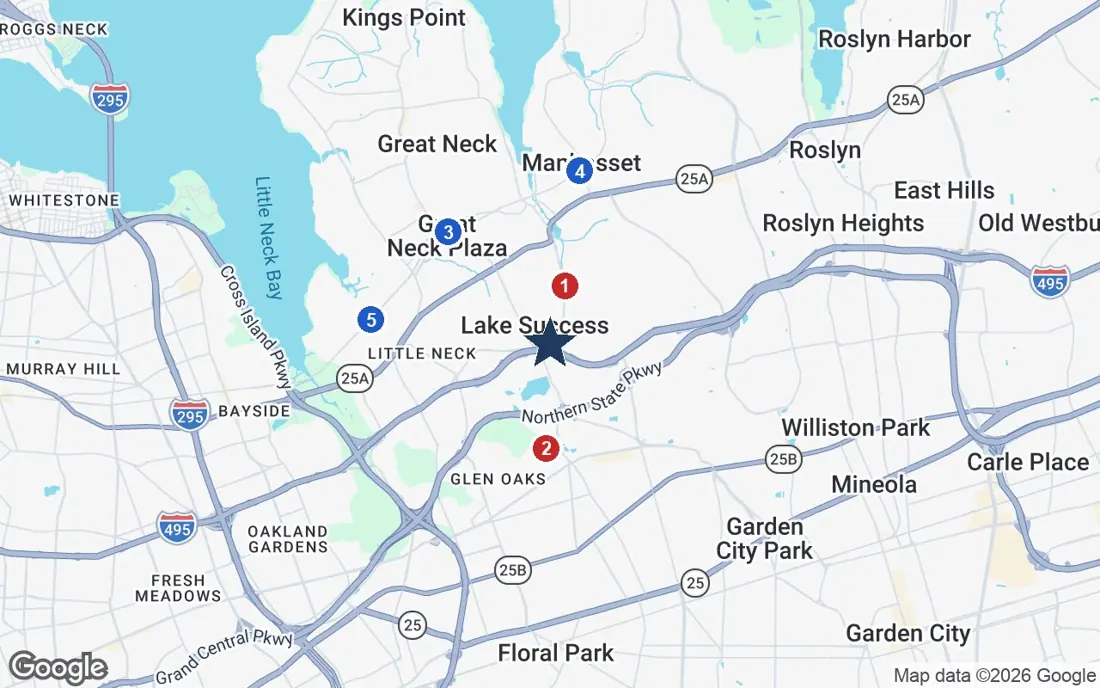Area map of The Bristal at Lake Success with the nearest hospitals and LIRR stations