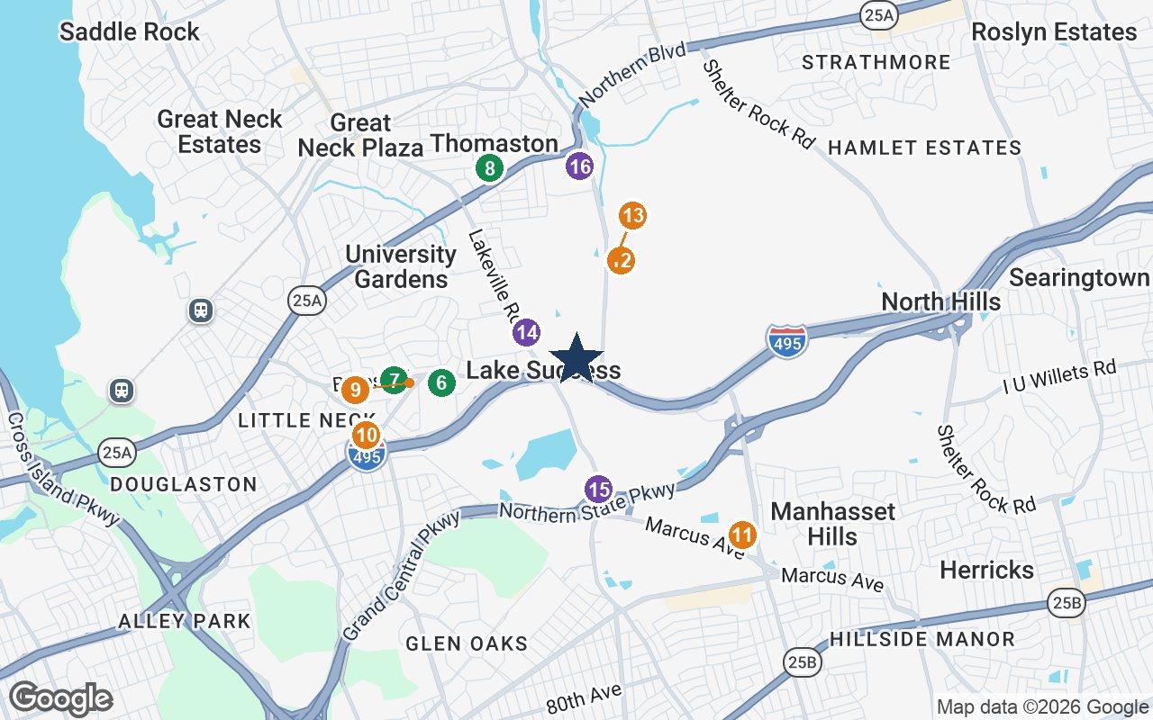 Close-up map of The Bristal at Lake Success with nearby parks, shops, pharmacies and places of worship