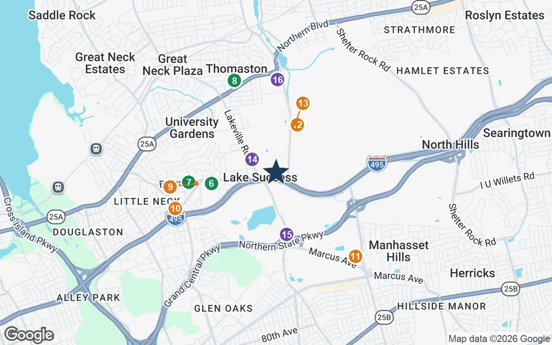 Close-up map of The Bristal at Lake Success with nearby parks, shops, pharmacies and places of worship