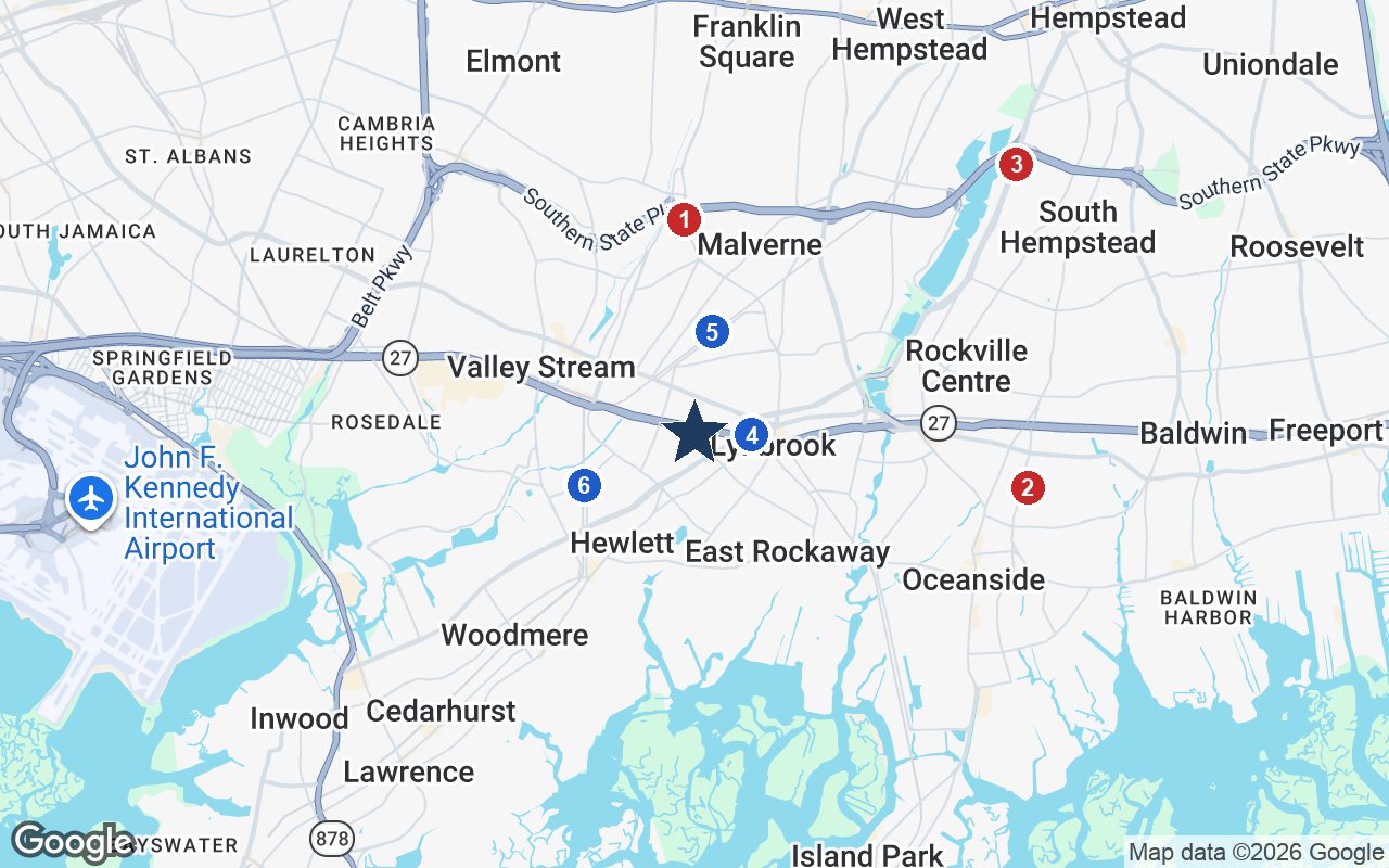 Area map of The Bristal at Lynbrook with the nearest hospitals and LIRR stations