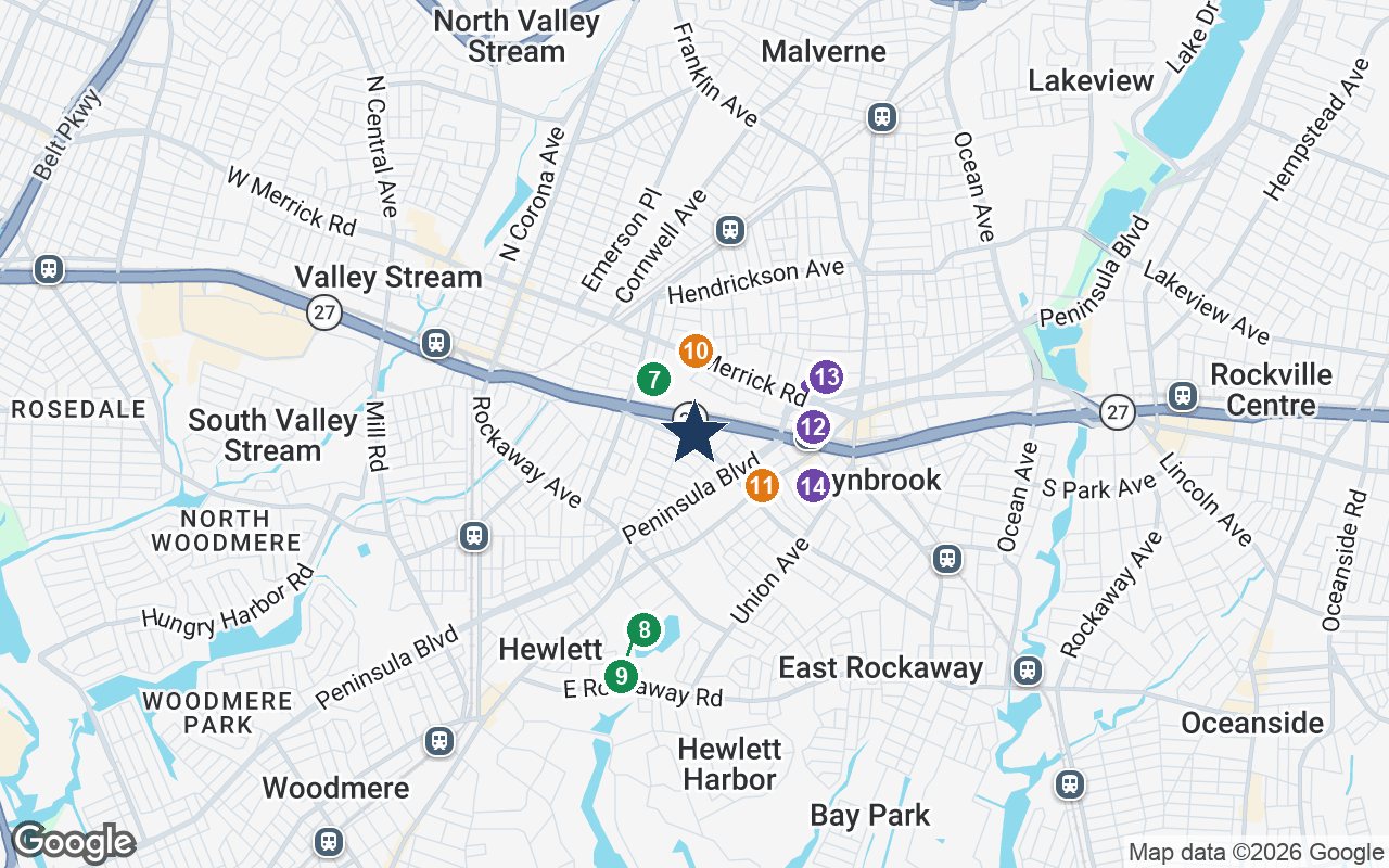 Close-up map of The Bristal at Lynbrook with nearby parks, shops, pharmacies and places of worship