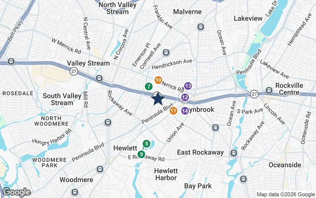 Close-up map of The Bristal at Lynbrook with nearby parks, shops, pharmacies and places of worship