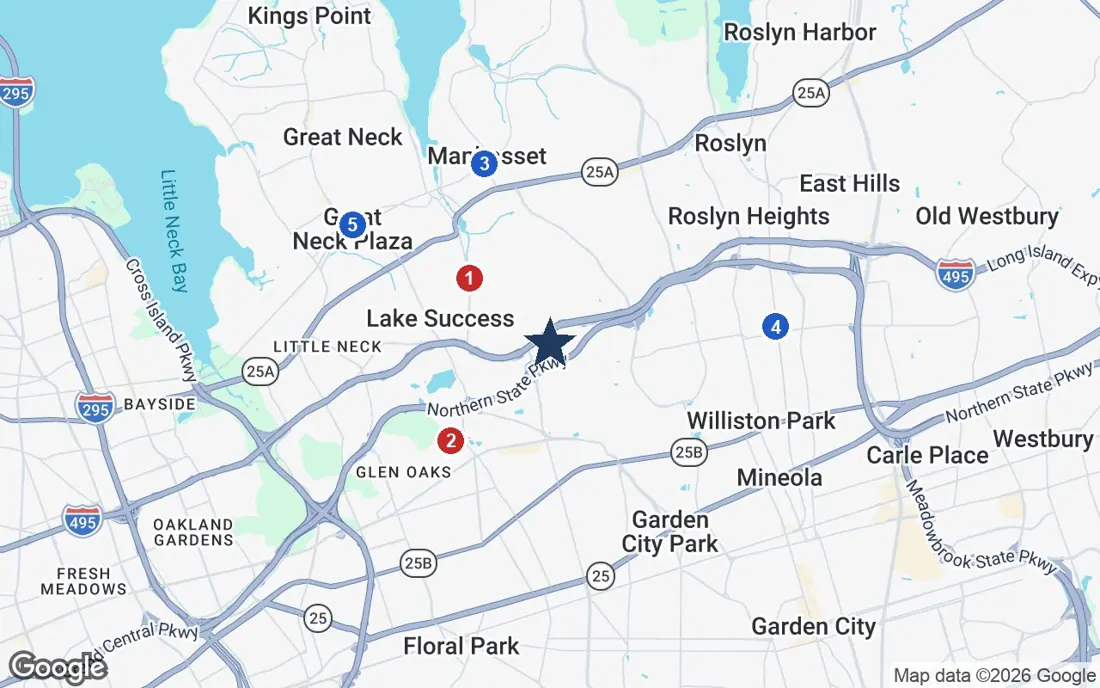 Area map of The Bristal at North Hills with the nearest hospitals and LIRR stations