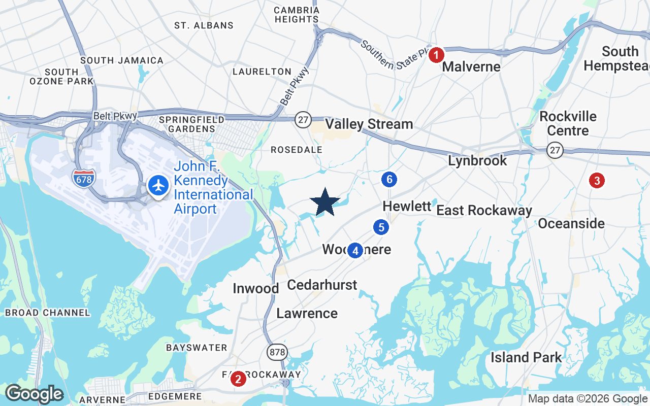 Area map of The Bristal at North Woodmere with the nearest hospitals and LIRR stations