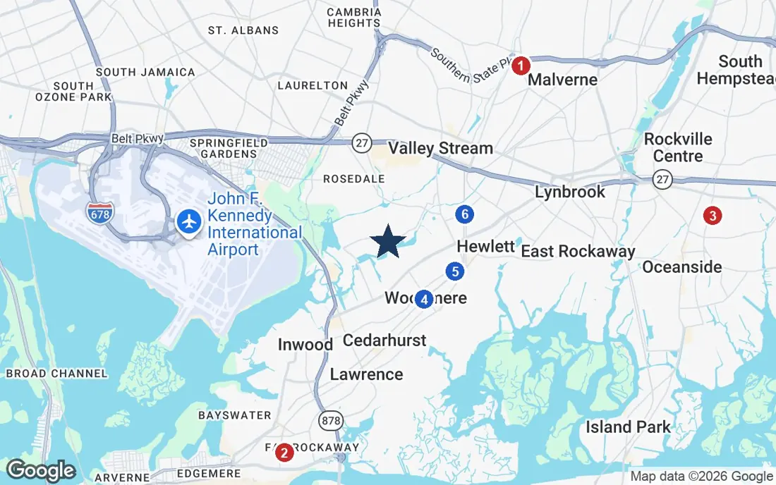 Area map of The Bristal at North Woodmere with the nearest hospitals and LIRR stations