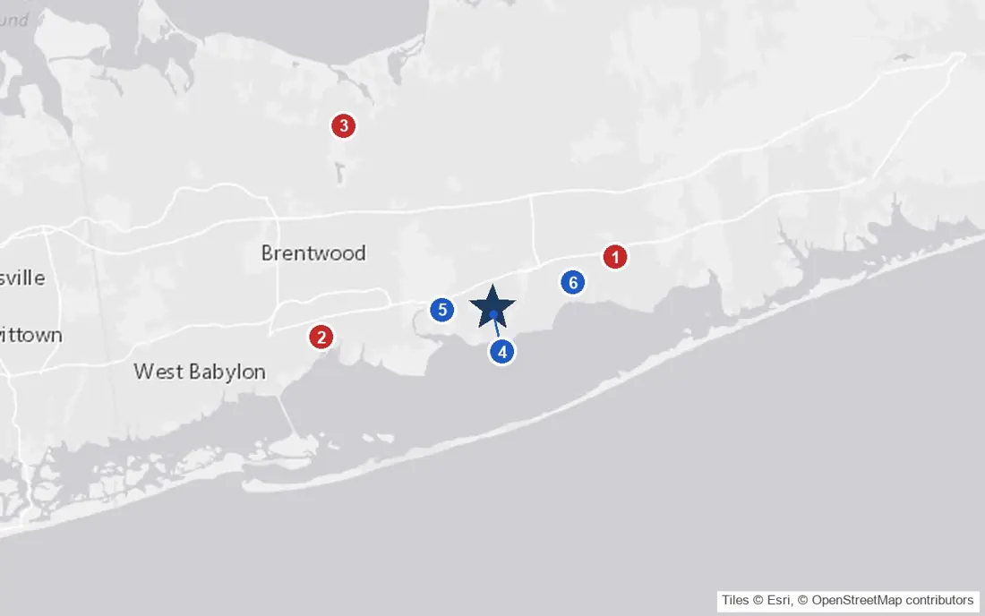 Area map of The Bristal at Sayville with the nearest hospitals and LIRR stations